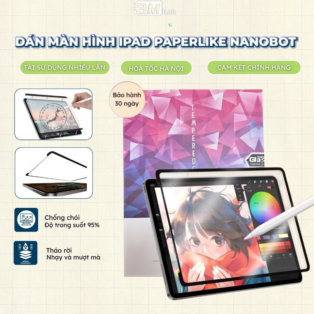 Miếng Dán Màn Hình Paperlike iPad BMLab, Viết Vẽ Như Giấy, Nam Châm Tháo Rời Linh Hoạt - C05