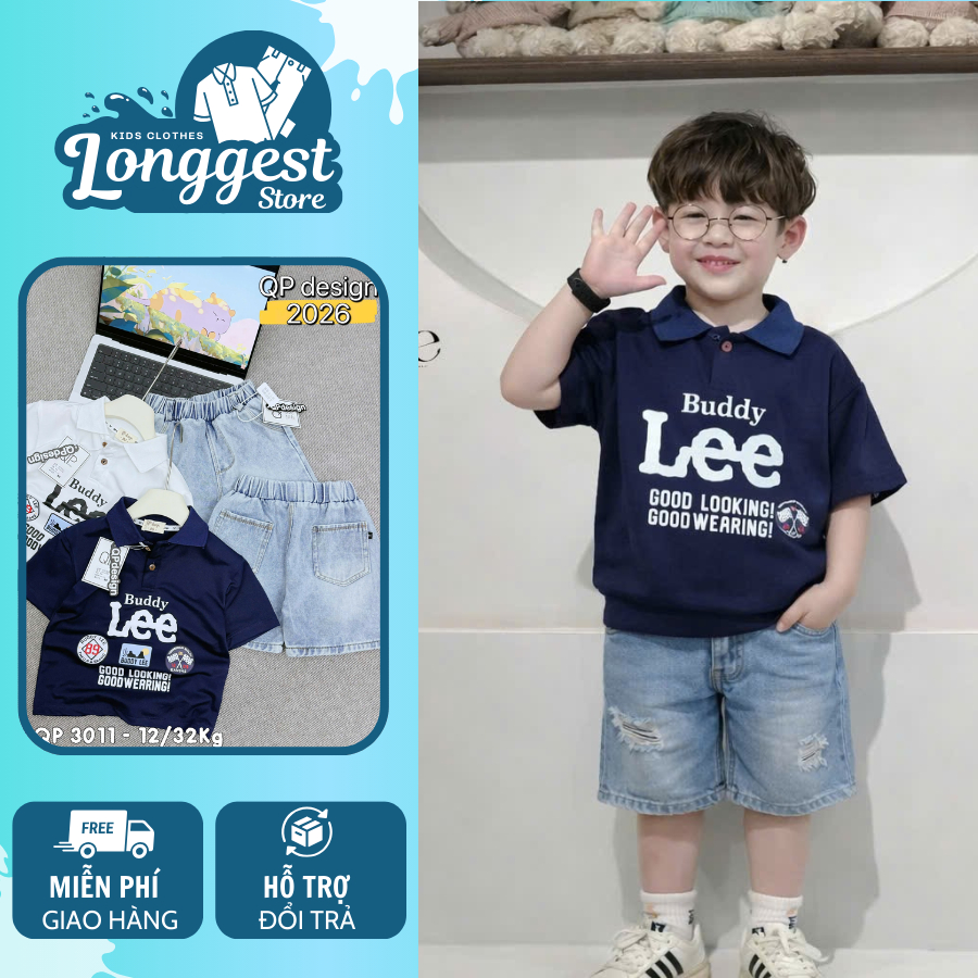 Set áo polo  BUDDY LEE quần jeans đùi bé trai, bộ quần áo polo jeans bé trai thời trang, năng động