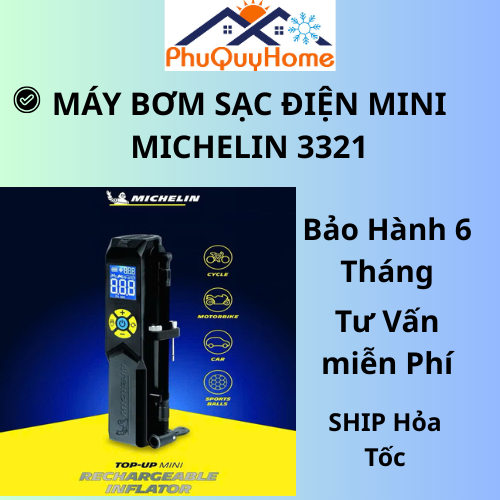 Máy Bơm Lốp Mini Cao Cấp Tự Động Ngắt MICHELIN 3321 Dùng Pin Bơm Xe Đạp, Xe Máy, Ô Tô, Xe Hơi