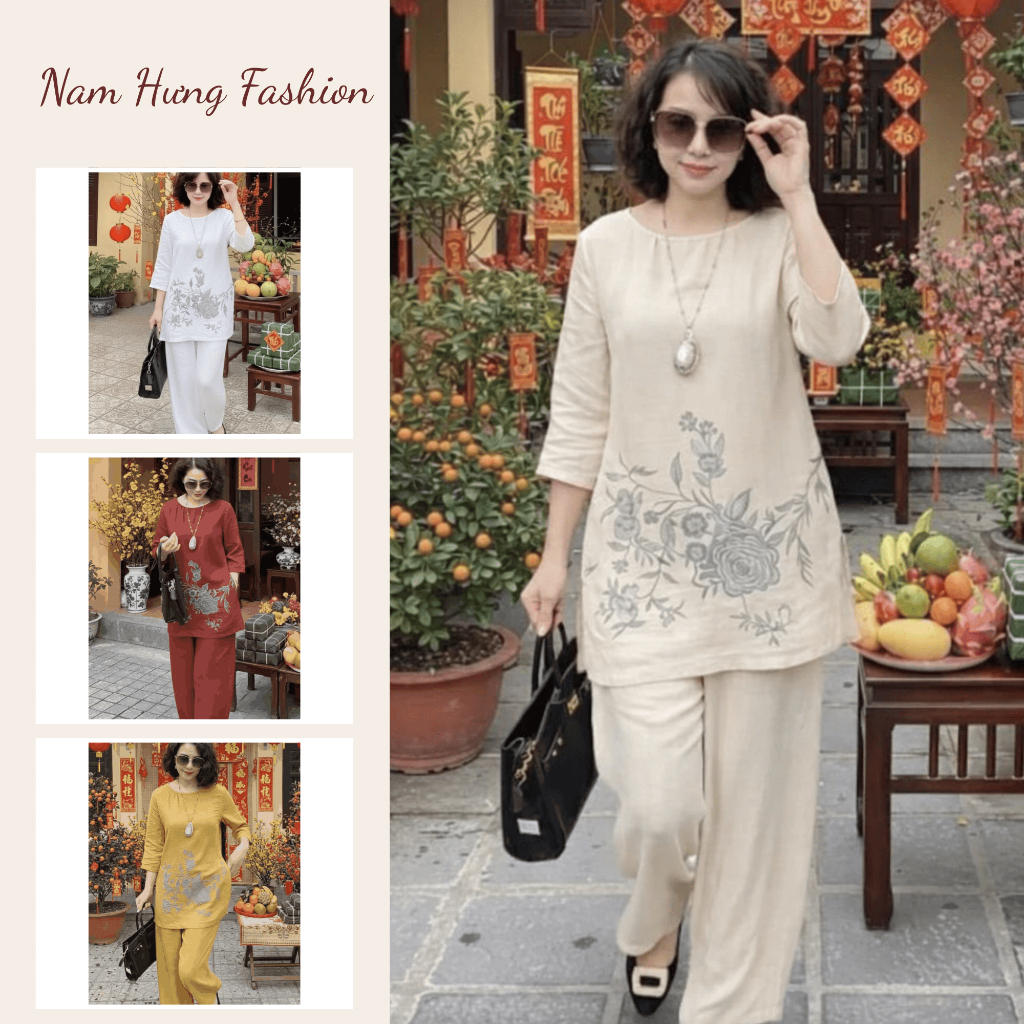 Bộ Linen Họa Tiết Hoa Cao Cấp Thanh Lịch Sang Trọng Dáng Suông Thoáng Mát