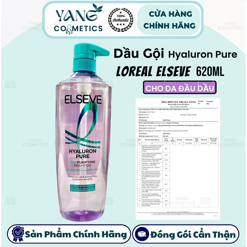 [620ML] Dầu Gội Loreal Elseve Hyaluron Pure 72H Purifying Shampoo Cho Da Đầu Dầu