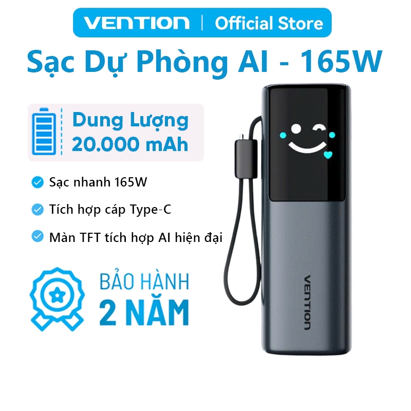 Sạc Dự Phòng Pin 20000mAh 165W Vention Sạc Siêu Tốc, Dây Type-C Tích Hợp, Màn Hình AI Mặt Cười, 2 Cổ