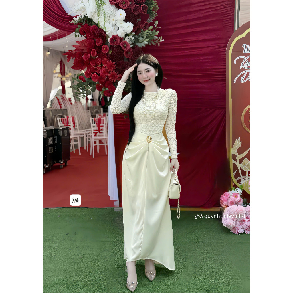 Váy đen váy dáng dài qua gối cổ đính đá sang chảnh hàng loại 1 chất đẹp shop HK DESIGN