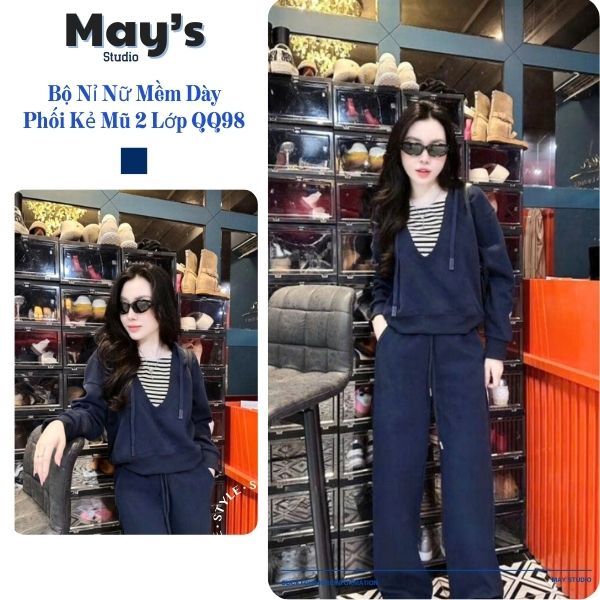 Bộ nỉ nữ thu đông phối kẻ cao cấp có mũ 2 lớp MayStudio Set bộ quần áo nỉ kèm quần xuông dày ấm QQ98