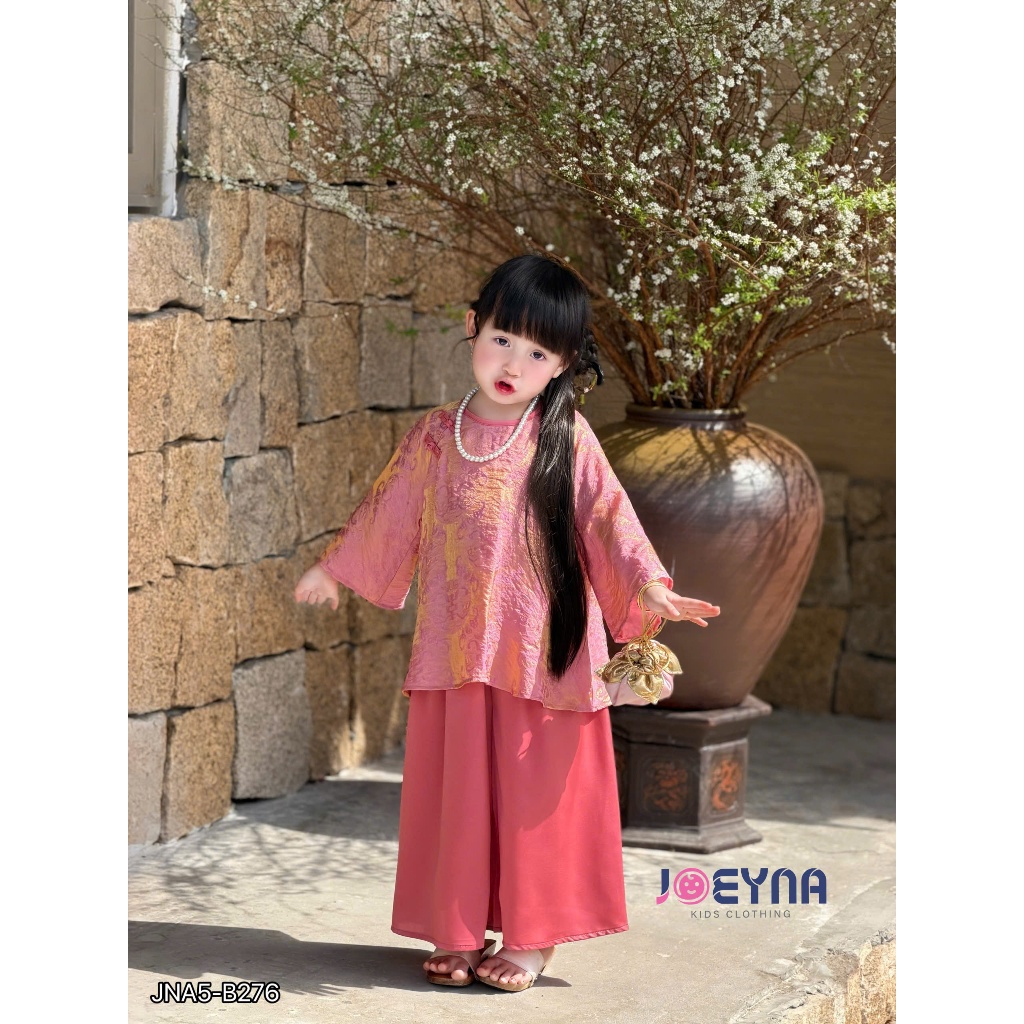 (Tặng Kèm Túi) Set Áo Trung Thu Bé Gái Gấm Hồng Ngọc JOEYNA - Chất liệu cao cấp size 8-23kg
