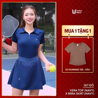 [TẶNG 1 ÁO BASSIC] Set thể thao nữ áo polo khóa kéo Vera phối chân váy Mira Navy Today U Wear thoải mái chơi pickleball