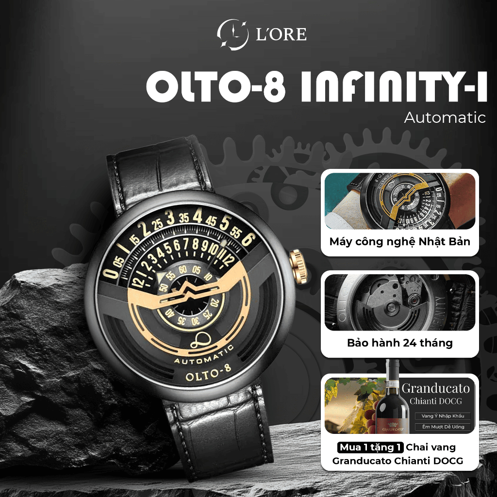 Đồng Hồ INFINITY-I OLTO-8 Gold Black L’ORE Đồng Hồ Cơ Phản Quang, Mặt Kính Sapphire Chống Trầy
