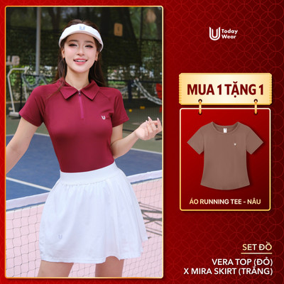 [TẶNG 1 ÁO RUNNING] Set thể thao nữ áo polo khóa kéo Vera Đỏ phối chân váy Mira Trắng Today U Wear thể thao dạo phố
