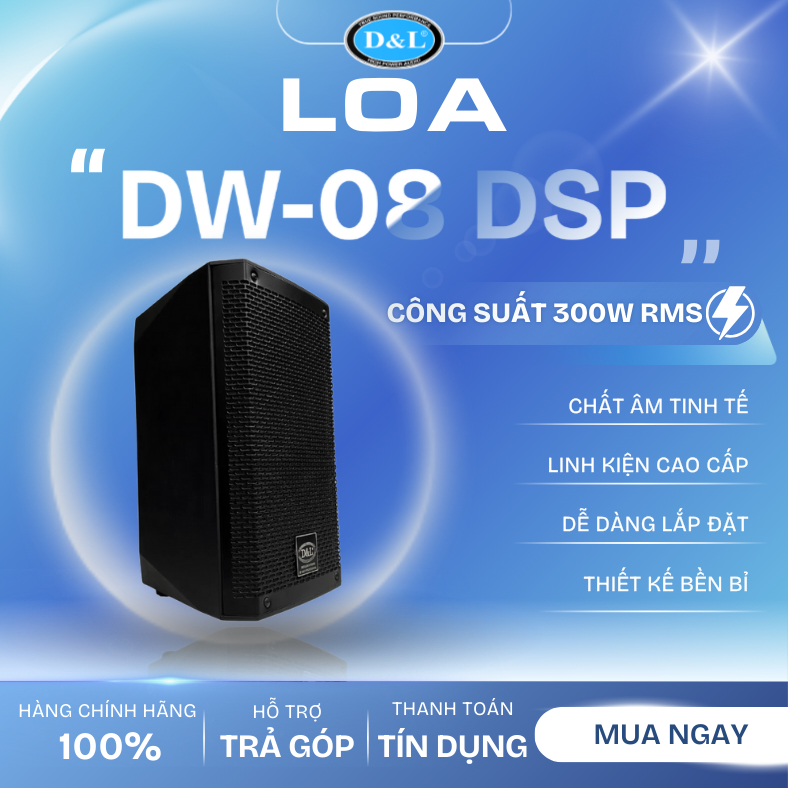Loa Liền Công Suất D&L DW-08 DSP (Bass 20cm) - 300W RMS, Tích Hợp DSP Xử Lý Âm Thanh, Bảo Vệ Quá Áp