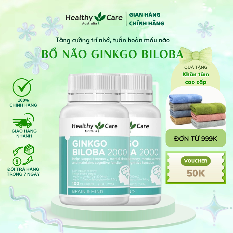 Combo 2 hộp bổ não Healthy Care Ginkgo Biloba cải thiện trí nhớ, tăng cường tuần hoàn máu não 100v