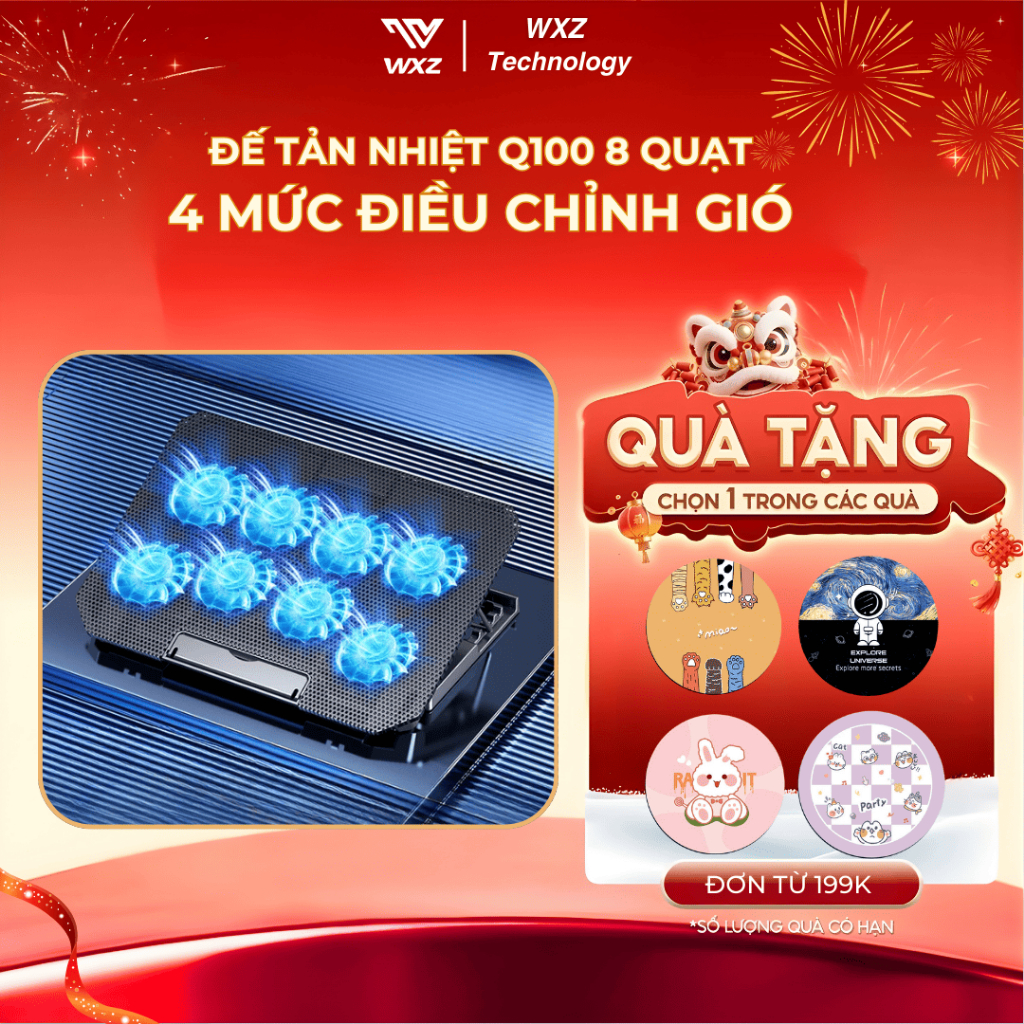 Đế Tản Nhiệt Laptop Máy Tính Bảng Mcbook Q100 8 Quạt Lớn, 4 Mức Độ Cao, Hỗ Trợ Laptop 12-17 Inch
