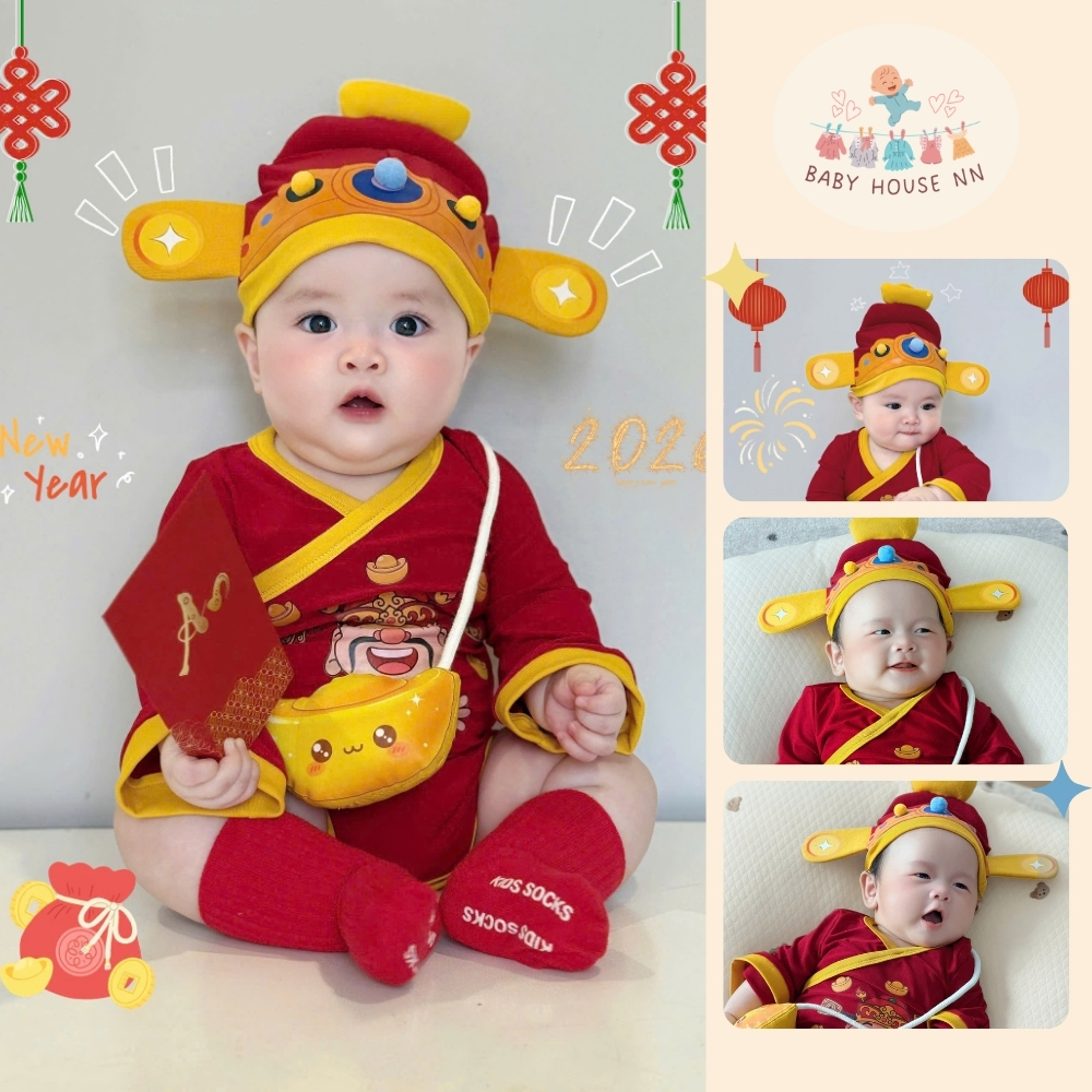 BabyHouseNN Bộ Đồ Tết Thần Tài Nhí 2026 Set Suit Kèm Mũ Quan & Túi Lộc May Mắn Cho Bé Tết 2026