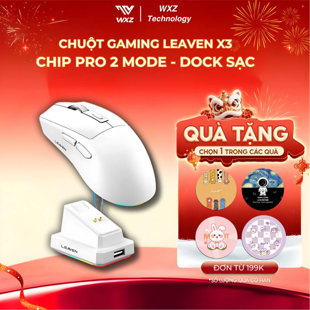 Chuột Gaming LEAVEN X3 Chip Pro, Chuột Không Dây Có Dock Sạc, 3 Mức DPI, Led RGB
