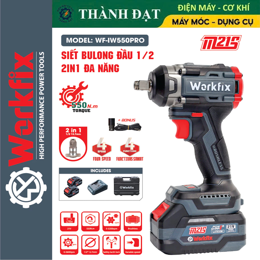 Máy Siết Bulong Pin Workfix WF-IW550 PRO chân pin phổ thông, Lực siết lớn 550NM Mở Vặn Ốc Xe Tải