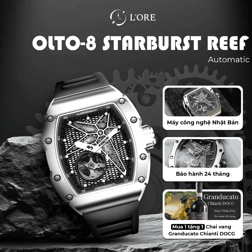Đồng Hồ REEF OLTO-8 Silver L'ORE Đồng Hồ Cơ Skeleton, Phản Quang Mặt Số, Kính Sapphire Chống Trầy