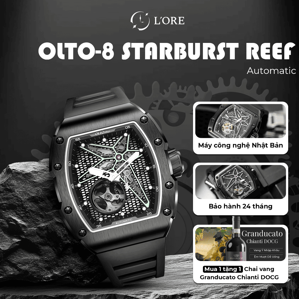Đồng Hồ REEF OLTO-8 Black L'ORE Đồng Hồ Cơ Skeleton, Vỏ Thép 316L, Mặt Kính Sapphire Chống Trầy