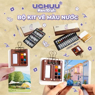 Bộ Kit Vẽ Màu Nước UCHUU HANDCRAFT 12, 24 Màu Kèm Sổ Vẽ, Bút Cọ Phác Thảo Nghệ Thuật, Vẽ Ngoại Cảnh