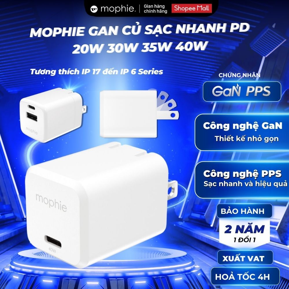 [30W/35W] Củ sạc nhanh Mophie 30W/35W PD GaN 1A1C tự điều chỉnh dòng thông minh - Bảo hành 2 năm