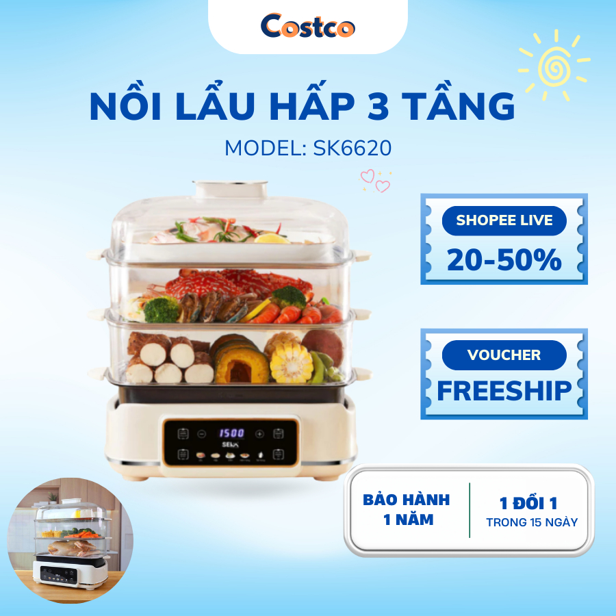 Nồi hấp điện 3 tầng Seka tổng dung tích 24L đa năng 4 trong 1 hấp, lẩu, thử trùng BH 12 tháng