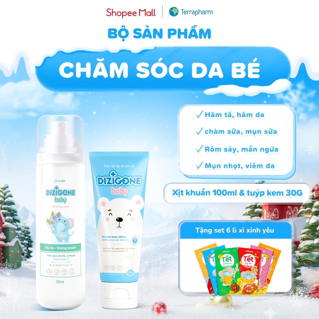 [COMBO] Xịt kháng khuẩn DIZIGONE Baby 100ml & Kem DIZIGONE Baby 30g: Chăm sóc da bé hăm tã, chàm sữa