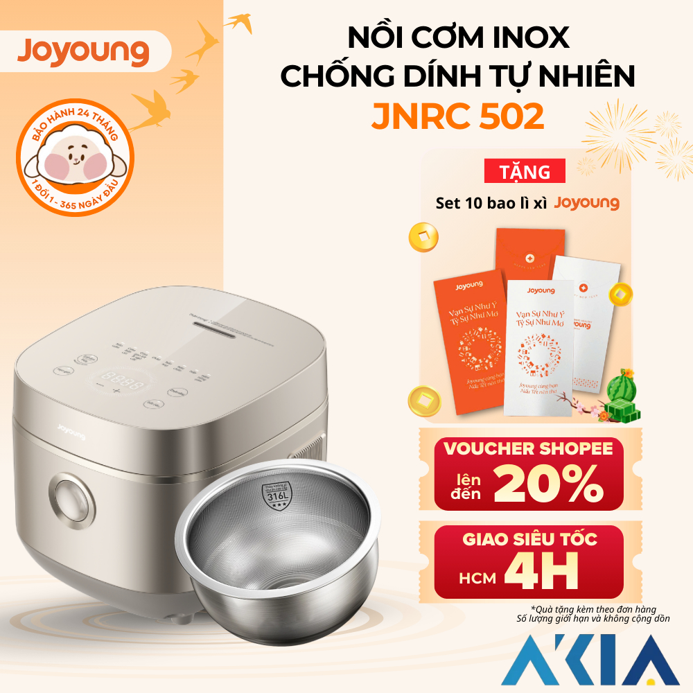 Nồi cơm inox 1.8L Joyoung JNRC-502 , Chống dính tự nhiên, Công suất 860W, Bản tiếng Việt, BH 24 thán