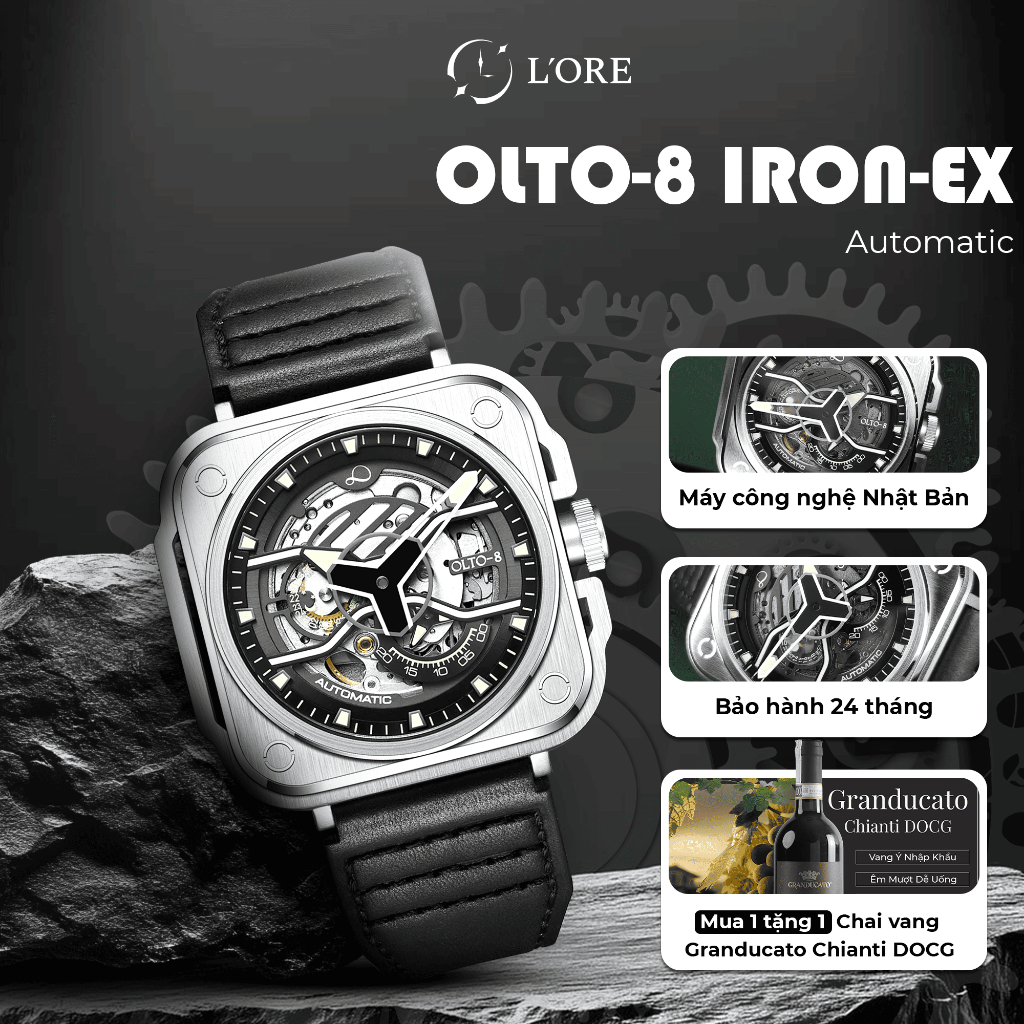 Đồng Hồ IRON-EX OLTO-8 Silver L'ORE Đồng Hồ Cơ Lộ Máy Skeleton, Sapphire Chống Trầy, Chống Nước