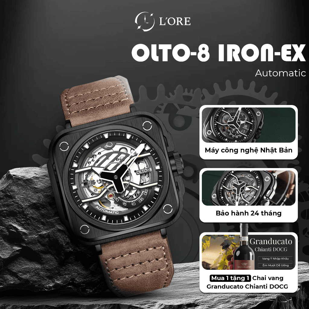 Đồng Hồ IRON-EX OLTO-8 Brown L'ORE Đồng Hồ Cơ Lộ Máy Skeleton, Vỏ Thép 316L Cứng Cáp, Chống Ăn Mòn