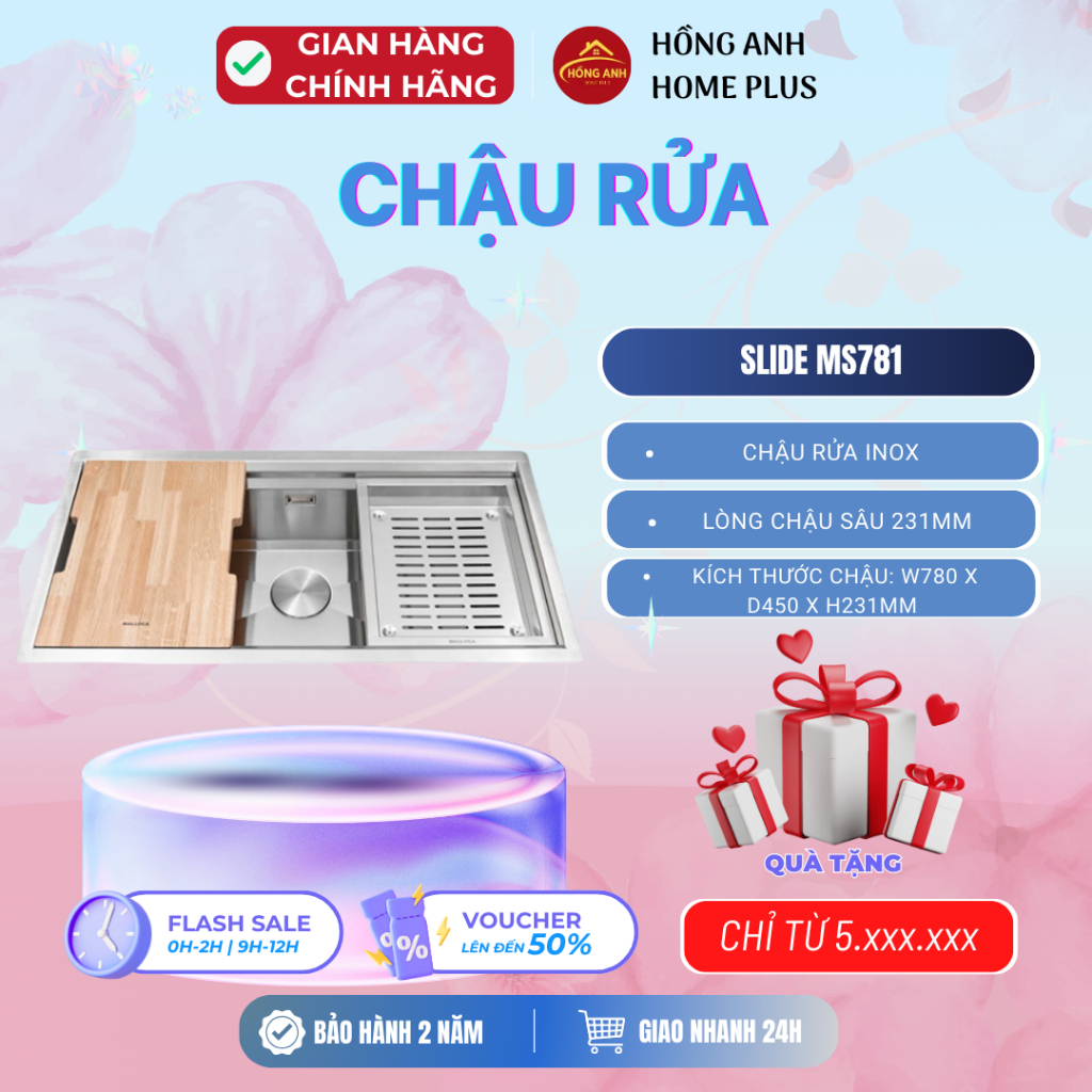 Chậu rửa bát inox chế tạo bán thủ công Slide MS781 thiết kế 1 hộc rộng tích hợp ray trượt đa năng