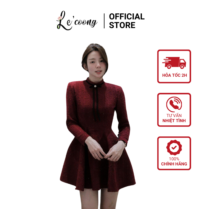 Váy Dạ Tiểu Thư Dáng Xoè Phối Dây Đen Nơ LECOONG V849 Đầm Đẹp Tay Dài Hai Màu Đỏ Be Sang Chảnh