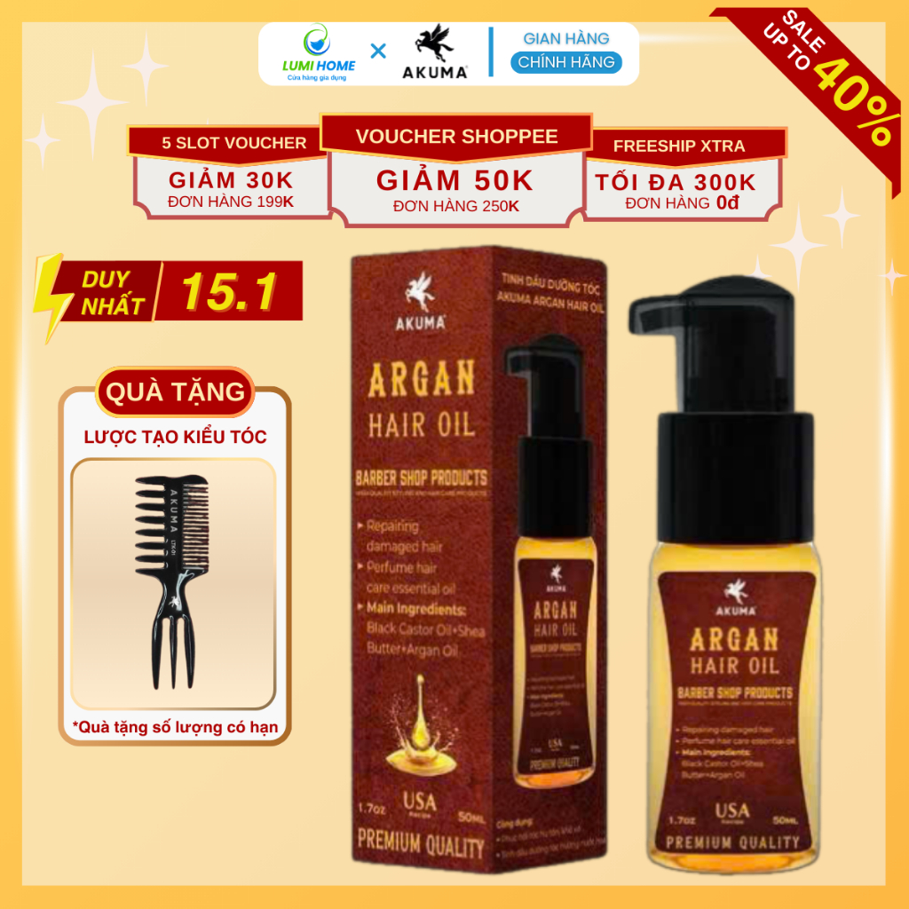 Tinh Dầu Dưỡng Tóc AKUMA Argan Hair Oil 50ml Giúp Tóc Chắc Khỏe, Bóng Mượt, Hương Nước Hoa Nam Tính
