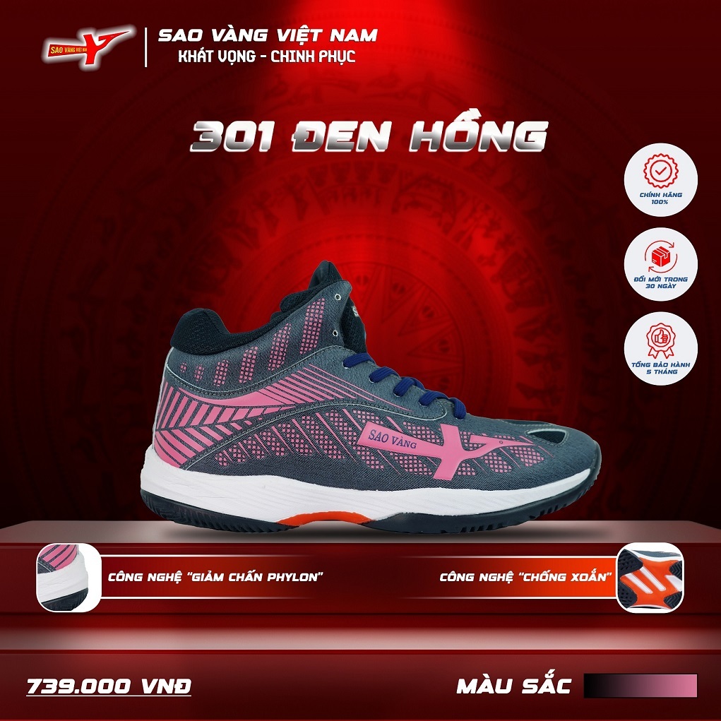 GIÀY BÓNG CHUYỀN SAO VÀNG 301 ĐEN HỒNG TẶNG KÈM TẤT - GIÀY THỂ THAO