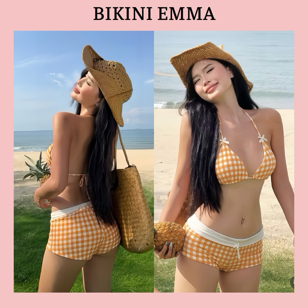 EMMA Bikini 2 Mảnh Caro Quần Đùi Áo Tam Giác Đính Nơ Ruy Băng Cao Cấp | BigBuy360 - bigbuy360.vn