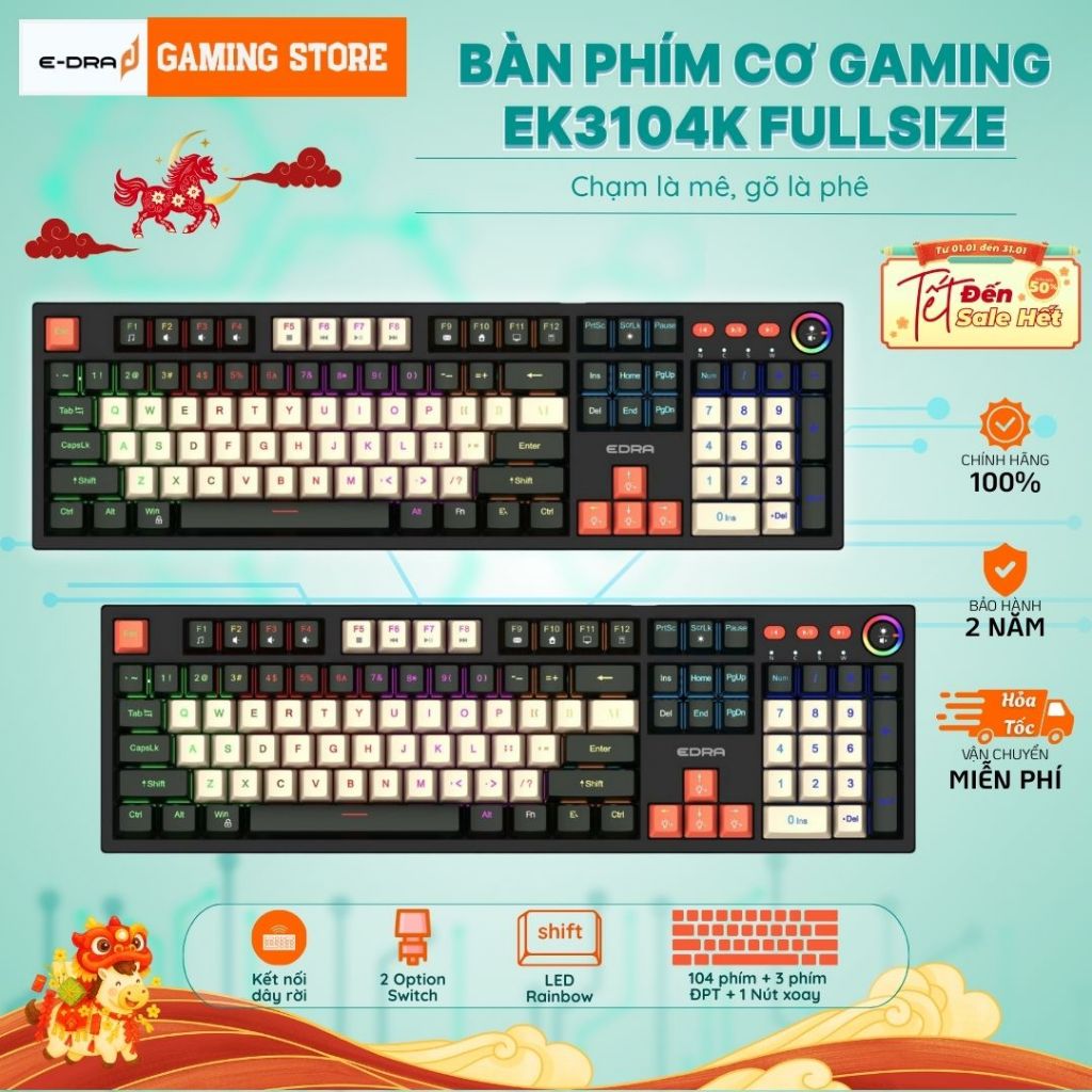 Bàn phím cơ Gaming Fullsize EDRA EK3104K, EK3104L 104 Phím, có dây TypeC Bảo Hành Chính Hãng | BigBuy360 - bigbuy360.vn