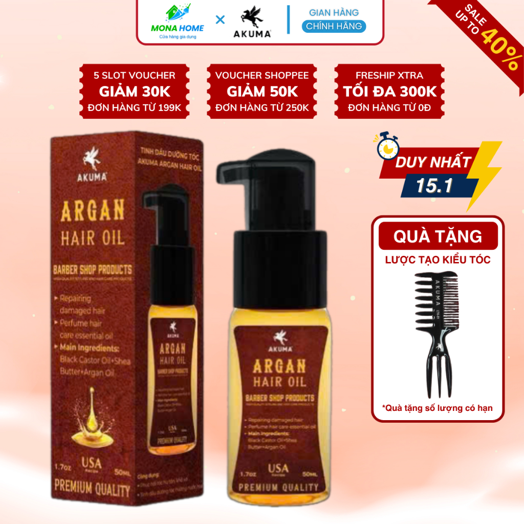 Tinh Dầu Dưỡng Tóc AKUMA Argan Hair Oil 50ml Giúp Tóc Chắc Khỏe, Bóng Mượt, Hương Nước Hoa Nam Tính