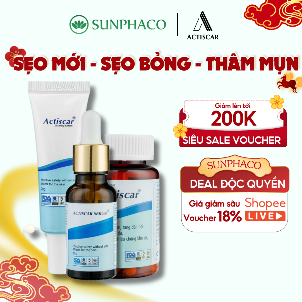 Combo 3 Kem Serum Viên Uống ACTISCAR Hỗ Trợ Mờ Sẹo Lồi, Sẹo Lõm, Sẹo Rỗ, Sẹo Mụn