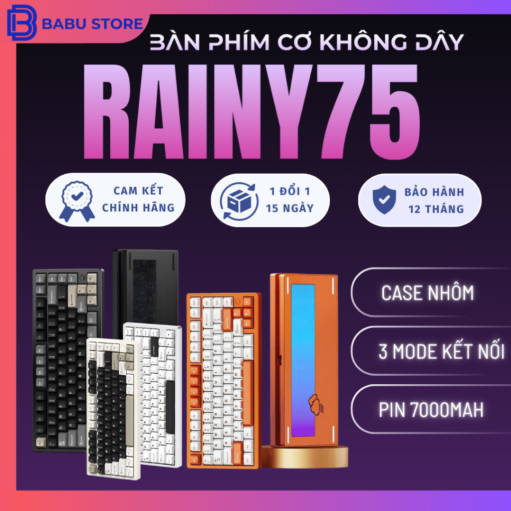 [Hàng Sẵn] Bàn phím cơ không dây Rainy75 | rainy 75 nhôm CNC, mạch xuôi, 3 modes, leg rgb , hostswap, keycap pbt