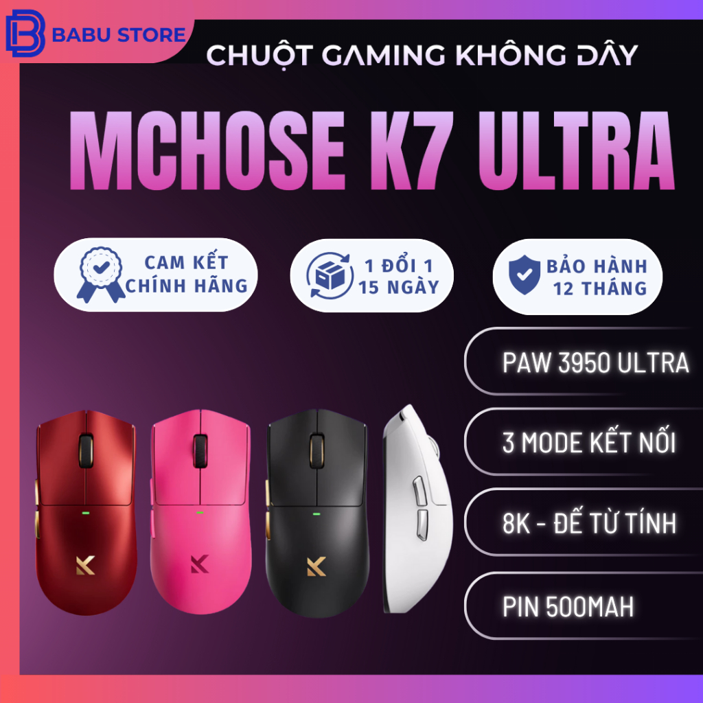 Chuột không dây Mchose K7 Ultra | PAW3950 Ultra | 8K Polling Rate | THEBABUSTORE (Tặng túi đựng chuộ