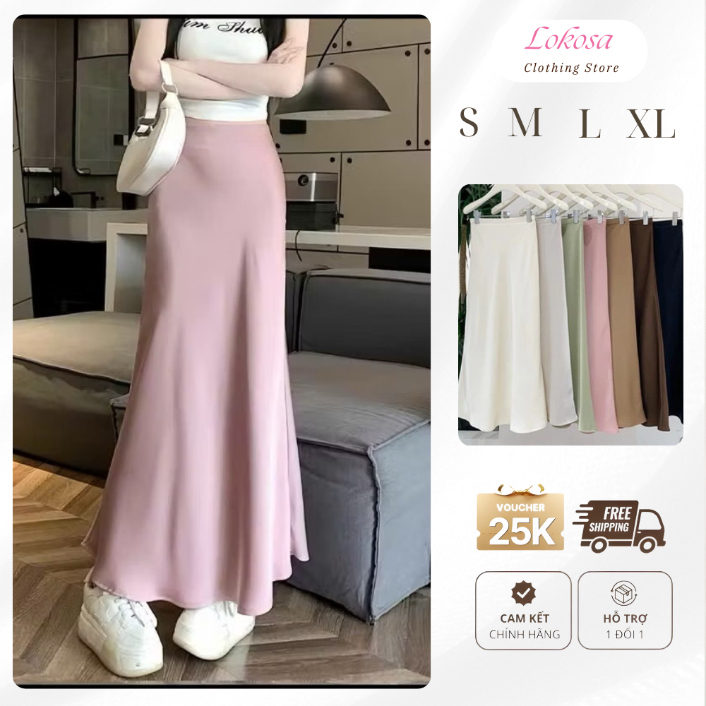 Chân váy lụa dài Dáng A LOKOSA cạp trễ một lớp Hàn Quốc sang trọng đi tiệc CV011