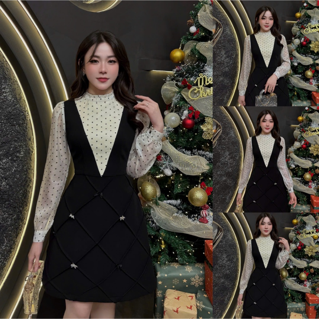 2VK122 - Váy Thiết Kế Eviici dành cho nữ, thiết kế cổ bèo phối tơ họa tiết (tặng kèm 3 tag cài) dáng