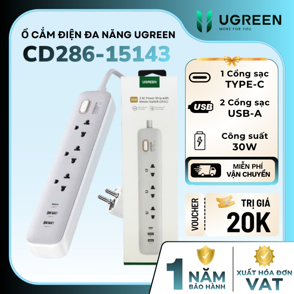 Ổ Cắm Điện Đa Năng Ugreen CD286 | Sạc Nhanh 30W PD, 3 Cổng USB, 3 Ổ Cắm AC, Bảo Vệ Quá Tải