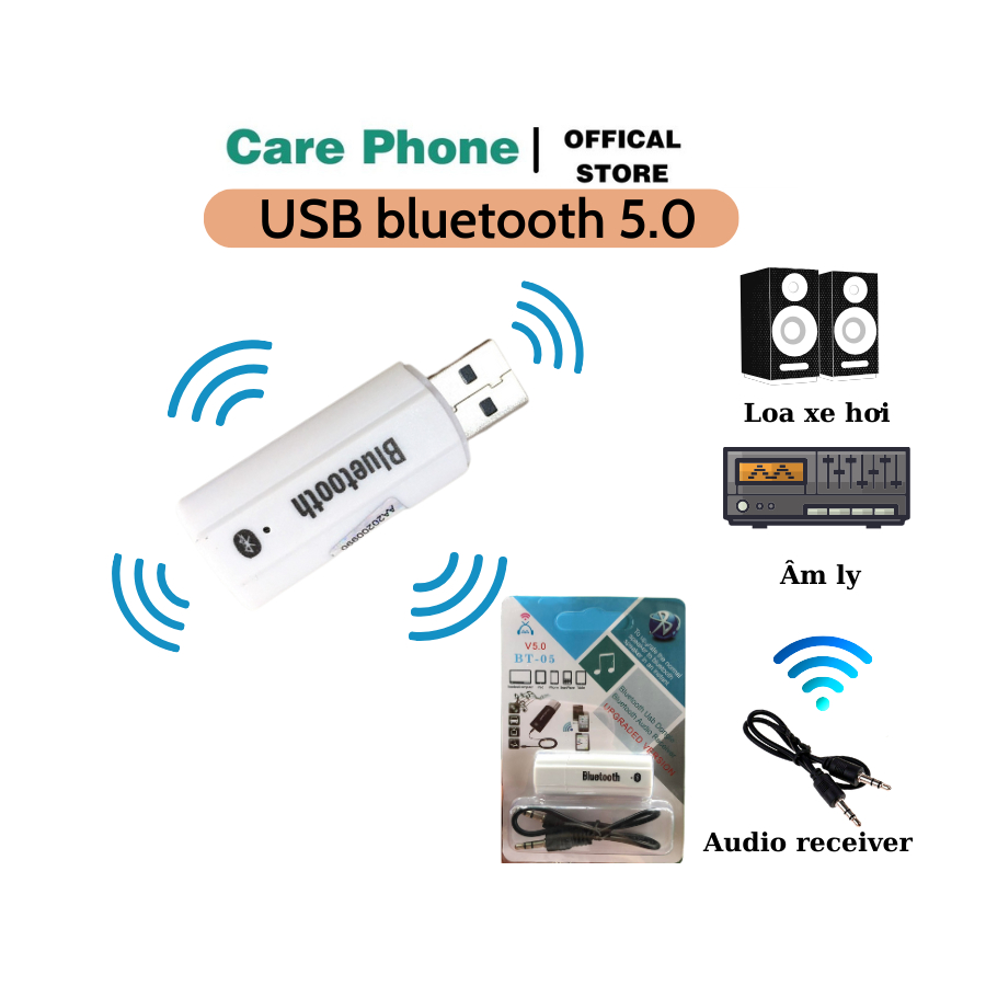 (Chính hãng)USB Bluetooth 5.0 Biến loa thường thành loa Bluetooh,kết nối âm thanh với Loa, Amply qua Bluetooth-CarePhone
