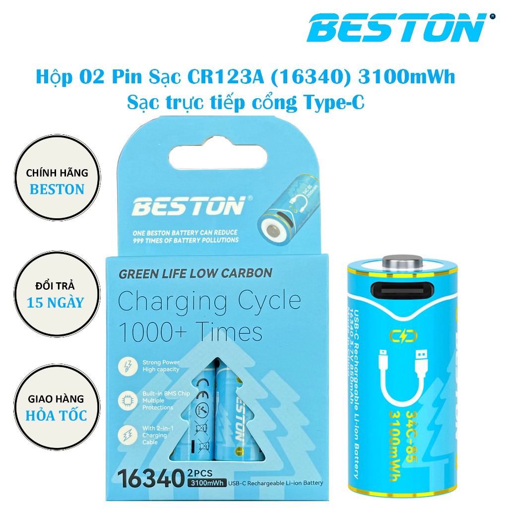 Hộp 02 Pin Sạc CR123A CR123A 16340 Beston 3100mWh cổng USB-C cho camera, máy ảnh, thiết bị đo, ống n