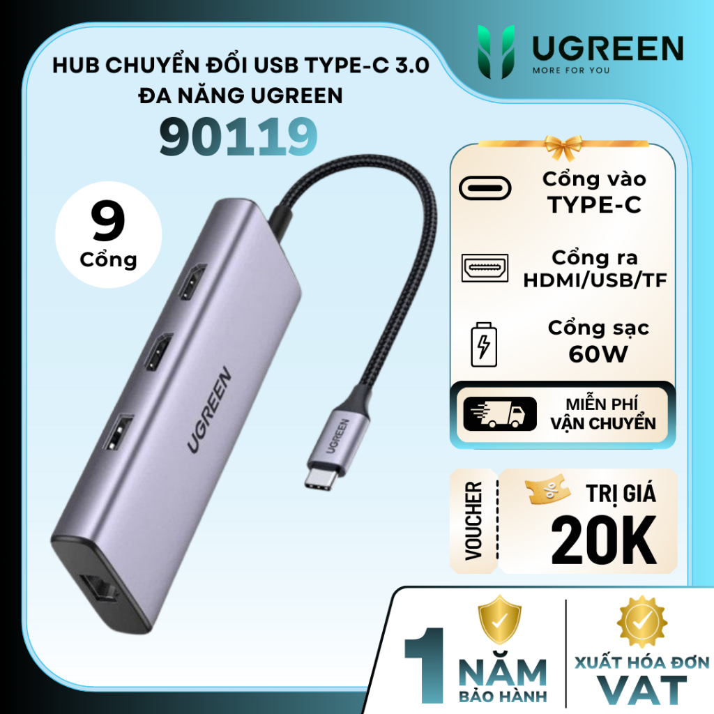 Bộ Hub 9 cổng Type-C Ugreen 90119 | Dual HDMI 4K, LAN Gigabit, Sạc PD 100W, USB 3.0, SD/TF