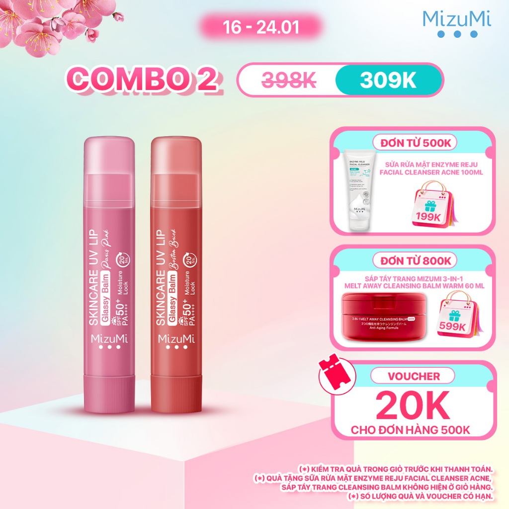 Combo 2 Son dưỡng môi chống nắng MizuMi UV Lip Glassy Balm 3.5g