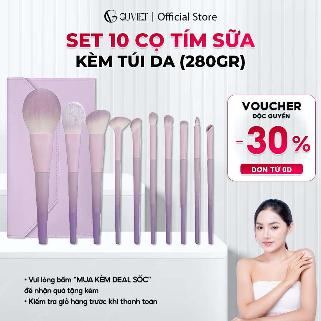 Bộ cọ trang điểm cá nhân GUVIET màu tím sữa gồm 10 cọ đi kèm túi da đựng cọ