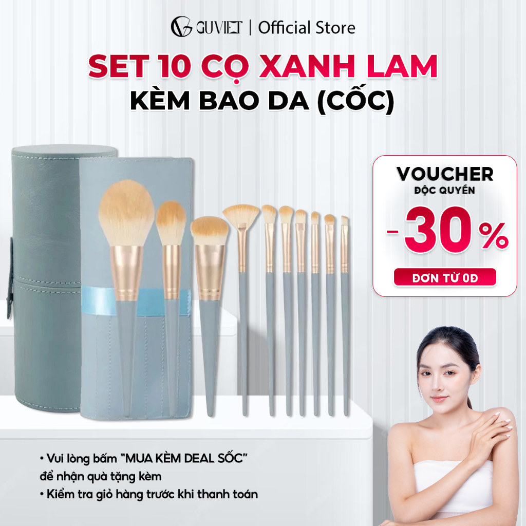 Bộ 10 Cọ Trang Điểm Cá Nhân GUVIET Màu Xanh Lam Kèm Bao Da (Cốc)