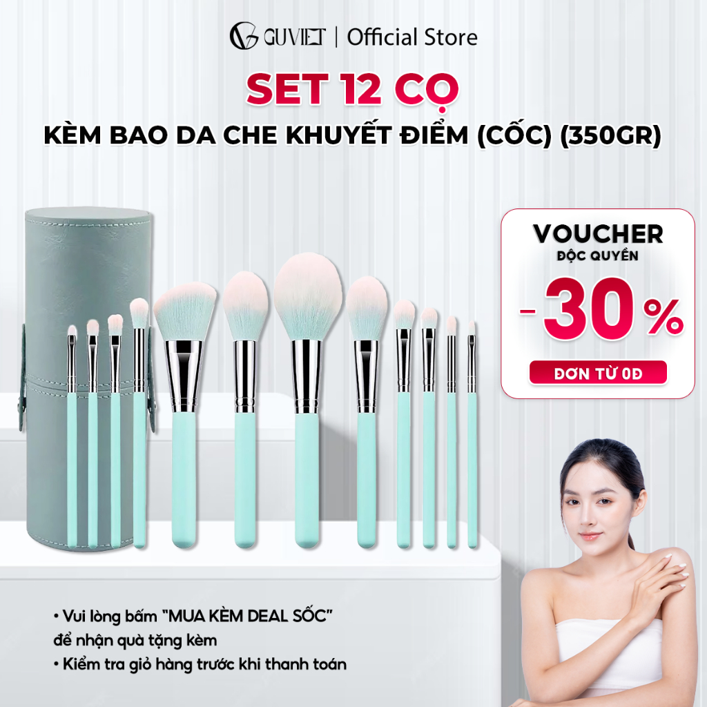 Bộ Cọ Trang Điểm Cá Nhân GUVIET gồm 12 cây cọ màu xanh ngọc kèm theo túi đựng hoặc ống cắm cọ