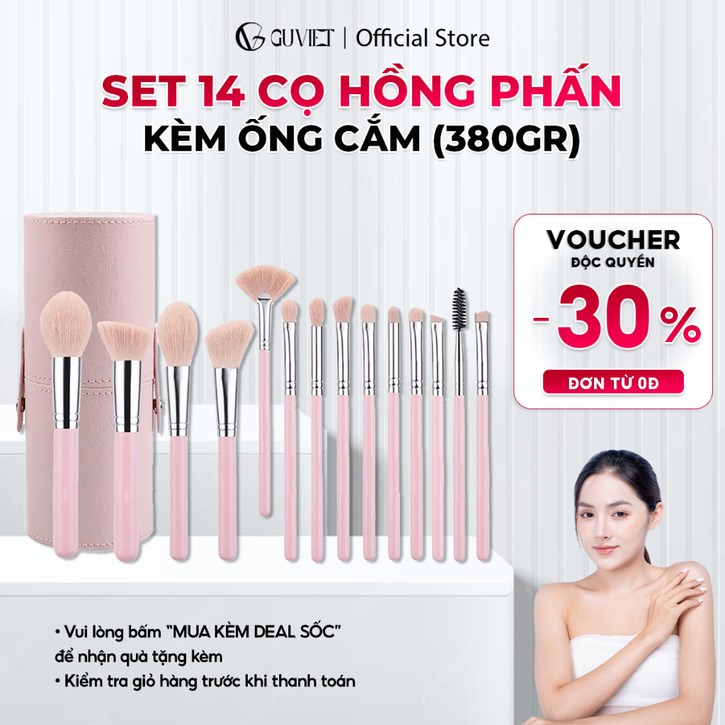 Bộ cọ trang điểm cá nhân GUVIET màu hồng phấn gồm 14 cọ đi kèm ống cắm
