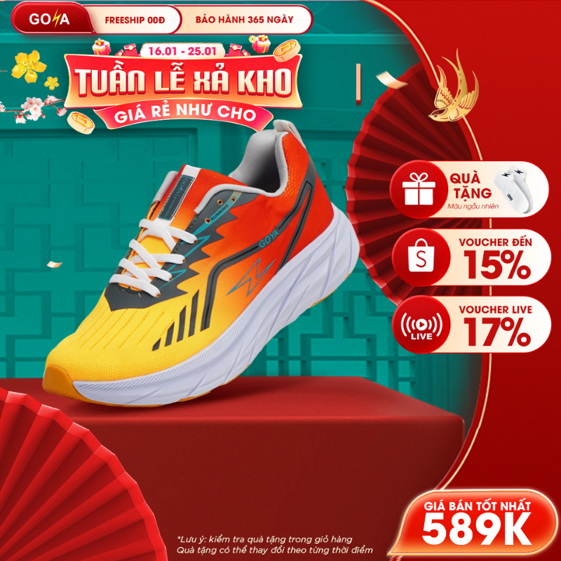 Giày thể thao chạy bộ nam nữ Goya Plus năm 2026 siêu nhẹ, êm, nẩy tốt - màu đỏ vàng V1