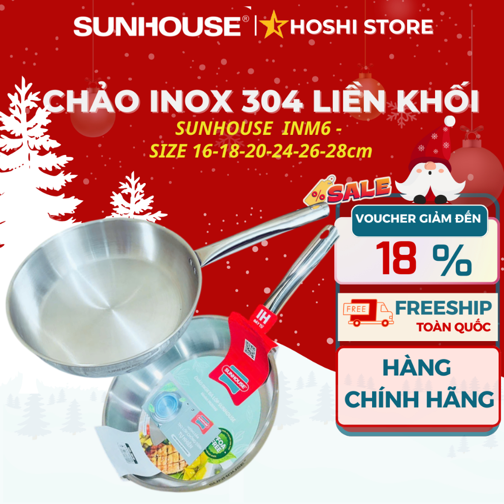 Chảo inox 304 liền khối cao cấp SUNHOUSE INM6, chảo inox đa lớp, dùng được mọi loại bếp, đủ size